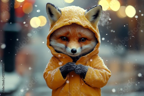 Sad cute baby animal fox in winter warm clothes, winter breath f photo