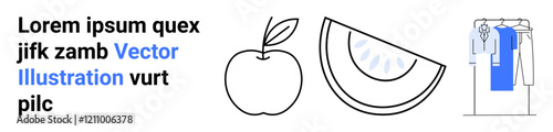 Apple, melon slice, sample text paragraph, vector illustration text, clothing on rack. Ideal for food, fashion, graphic design, presentations website content educational materials creative