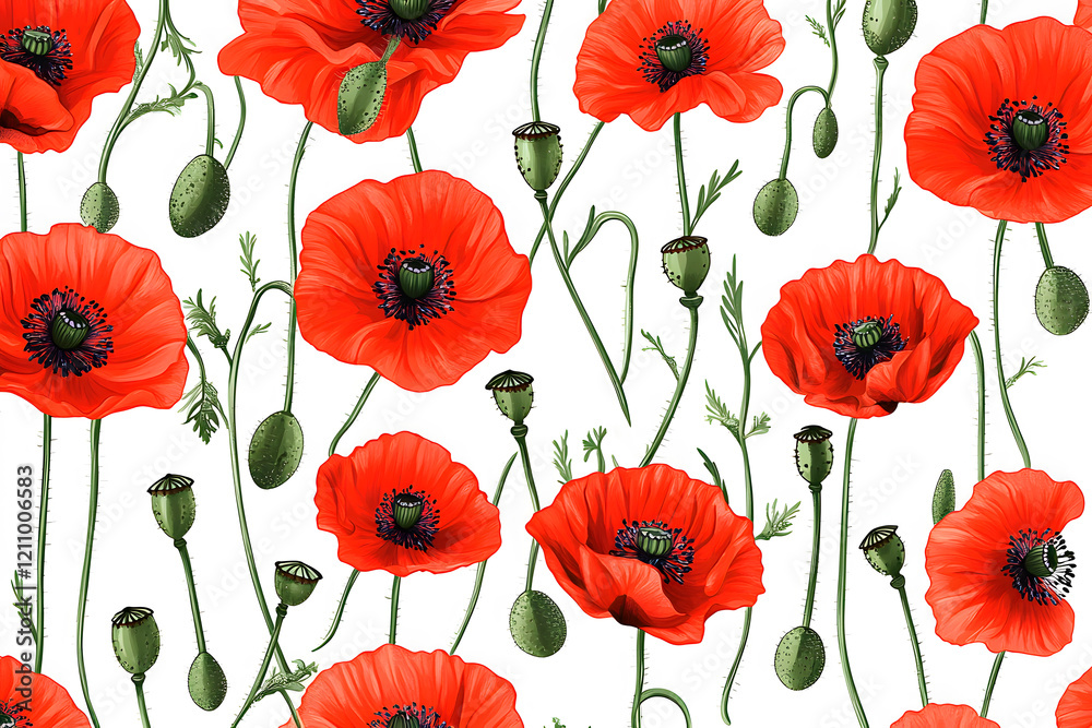 Obraz premium Pattern illustration of red poppies isolated on a white background, ideal for gift wrap, textile industry, fabrics.
