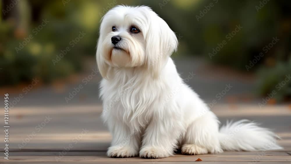 Maltese Dog Sitting with Soft Natural Blur Background Maltese Dog Sitting with Soft Natural Blur Background