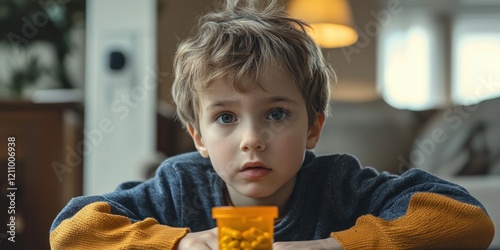 Child feeling unwell at home with medicine and cup emotional indoor setting intimate perspective