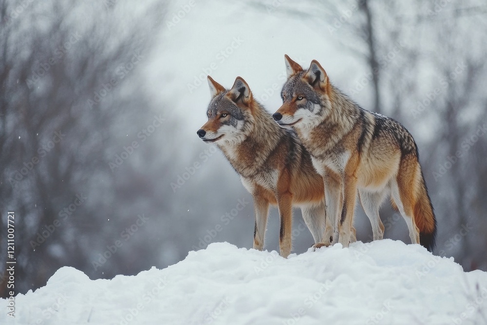 Two majestic wolves stand in snowy woods. Perfect for wildlife, nature, and winter themes. Two majestic wolves stand in snowy woods. Perfect for wildlife, nature, and winter themes.