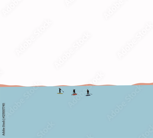 Men paddle boarding in the sea on summer holidays vacation travel. Watersport active recreation in nature