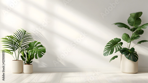 una habitacion dentro de una casa o apartamento con decoracion minimalista con una pared o muro blanco con entrada de luz y con macetas con plantas decorativas con espacio de copia