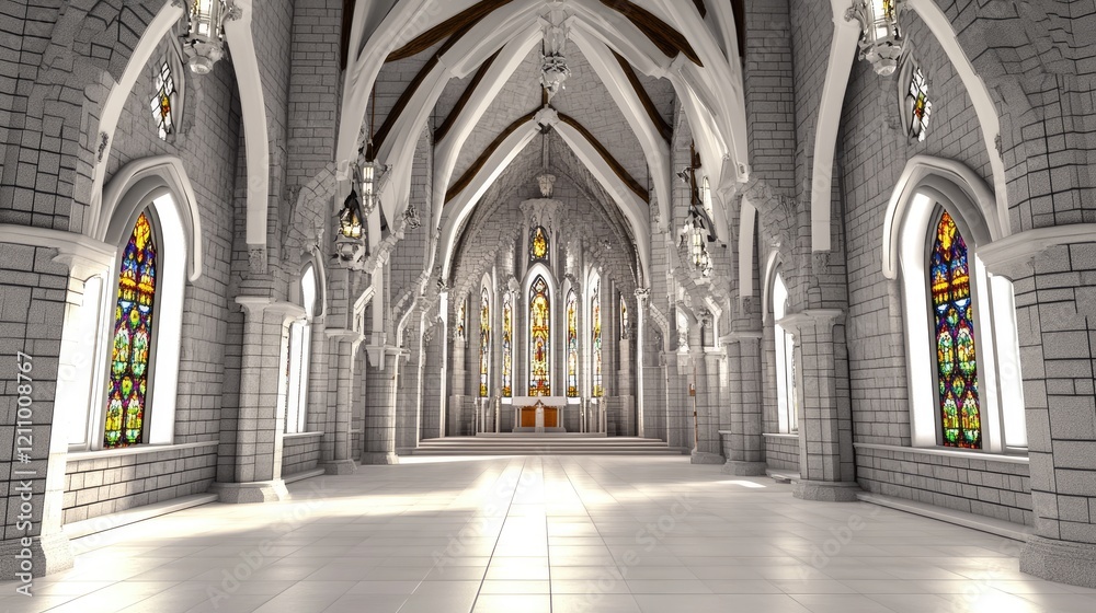 Fototapeta premium Grand cathedral interior, sunlight, wedding ceremony backdrop