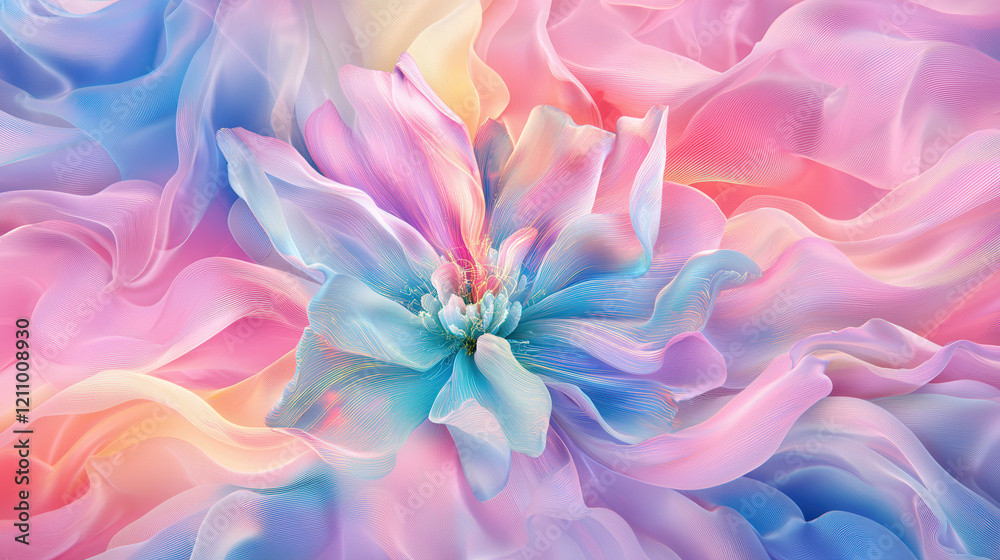 vibrant abstract flower with glowing pastel petals surrounded by flowing, soft textile like waves, creating dreamy and ethereal atmosphere vibrant abstract flower with glowing pastel petals surrounded by flowing, soft textile like waves, creating dreamy and ethereal atmosphere