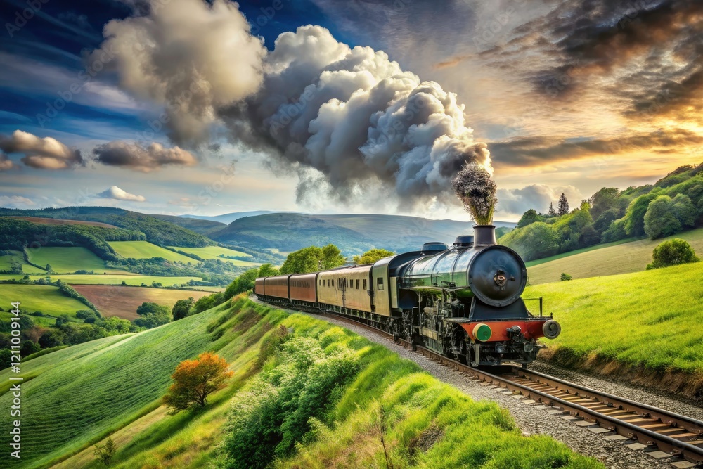 Classic locomotive and railway tracks wind through scenic hills, a majestic steam train scene. Classic locomotive and railway tracks wind through scenic hills, a majestic steam train scene.