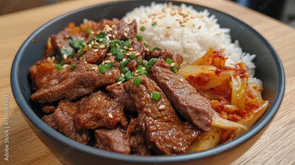 Delicious bulgogi beef bowl with rice and kimchi. Perfect for illustrating Korean cuisine, food blogs, or restaurant menus. Delicious bulgogi beef bowl with rice and kimchi. Perfect for illustrating Korean cuisine, food blogs, or restaurant menus.