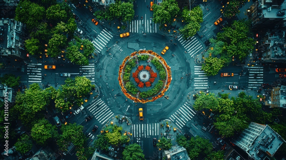 Aerial View of a Lush Urban Roundabout at Twilight Aerial View of a Lush Urban Roundabout at Twilight