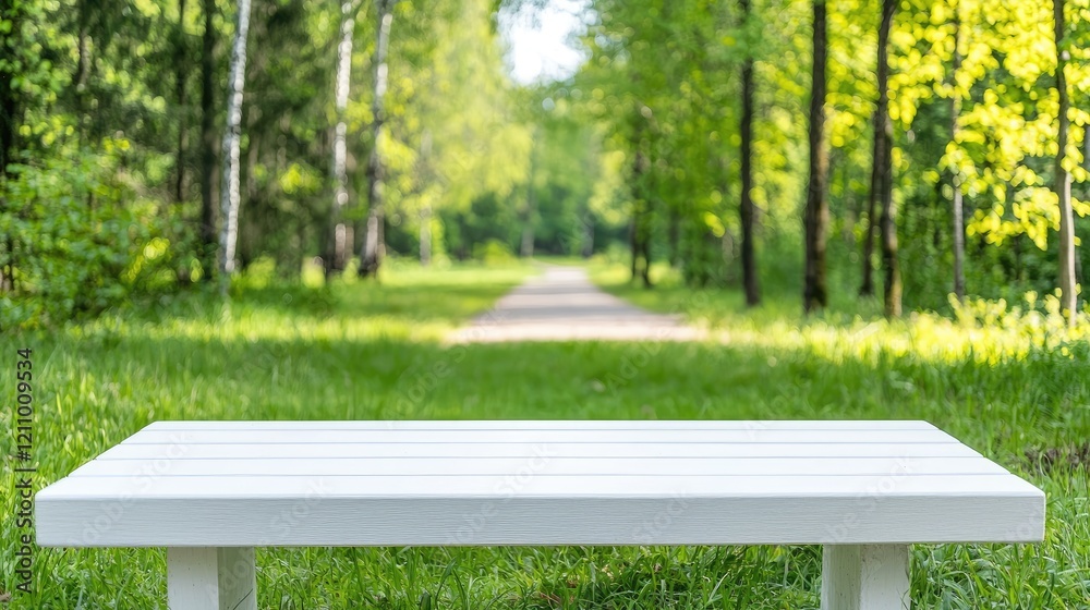 White bench in park, path, green trees background, product display White bench in park, path, green trees background, product display