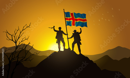 Aland Islands flag, silhouette of two climbers holding a flag at sunset over the mountain