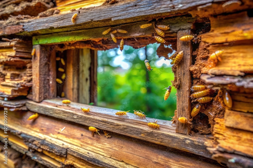 Close-up drone imagery captures extensive termite damage to a window frame, necessitating pest control. Close-up drone imagery captures extensive termite damage to a window frame, necessitating pest control.