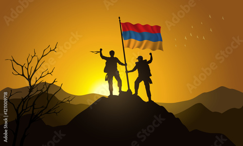 Armenia flag, silhouette of two climbers holding a flag at sunset over the mountain