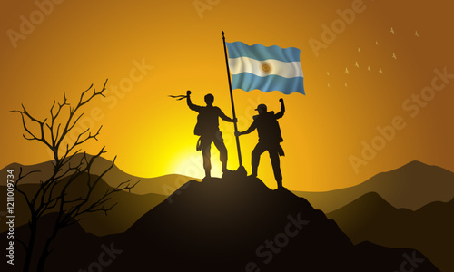 Argentina flag, silhouette of two climbers holding a flag at sunset over the mountain