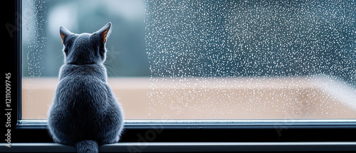 Cute Cat Russian Blue Concept, Russian Blue cat watching raindrops trickle down window photo