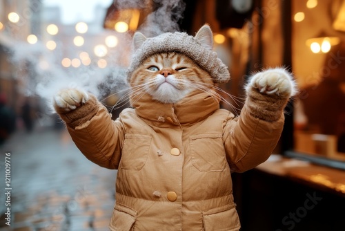 Animal welfare. Sidesplitting pets. Happy cute adult cat somali in winter warm clothes, visible breath from nose and mouth in icy wind. Cat winter coat. Winter cat style. Pet care hacks. photo