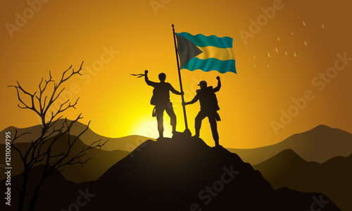 Bahamas flag, silhouette of two climbers holding a flag at sunset over the mountain