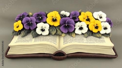 Pansies bloom atop an open book, on grey background; memorial, sympathy, remembrance photo