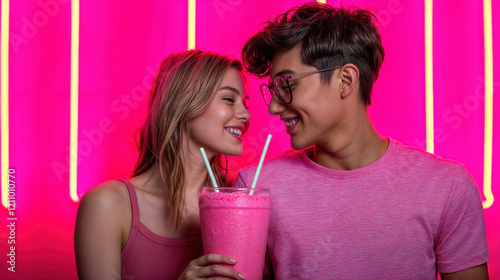 Happy couple sharing a pink milkshake on their first date against a vibrant neon background
