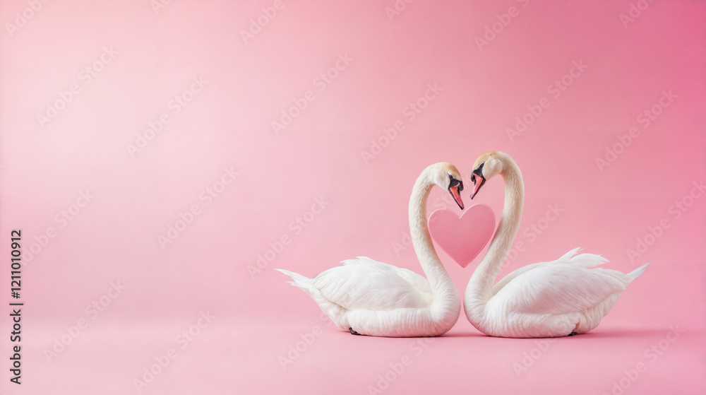 Fototapeta premium couple swans forming a heart shape with their necks on a soft pink background symbolizing love and romance