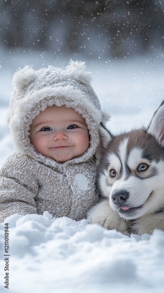 Baby and Puppy Playing in Winter Snow Baby and Puppy Playing in Winter Snow