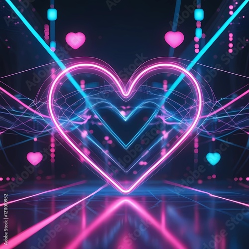 A web of glowing neon lines forming a heart at the center, surrounded by abstract digital patterns and symbols of connection. The neon colors contrast against a dark background, representing the power photo