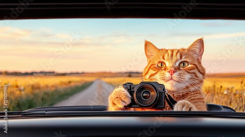 Ginger cat photographer in a car taking sunset photos on a road trip through fields.