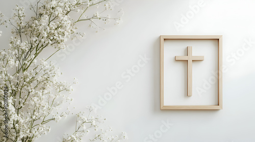 diseño de fondo o invitacion de un marco de madera con una cruz al centro como decoracion y un ramo de flores pequeñas color blanco con espacio de copia