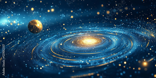Abstract background with swirling stars and a planet orbiting in space, in a blue and gold color scheme