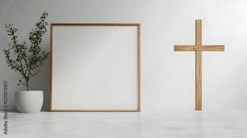 Naklejka premium un fondo con un porta retrato vacio o marco con espacio de copia junto a una cruz con una maceta decorativa con plantas diseño moderno minimalsita