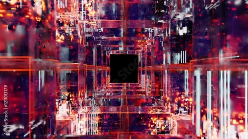 A cube with many red and blue lights inside