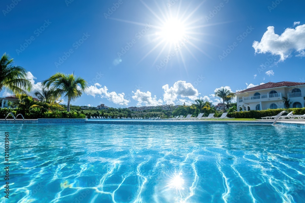 Fototapeta premium Bright and Inviting Tropical Pool Scene with Crystal Clear Water and a Sparkling Sun Above in a Beautiful Resort Environment