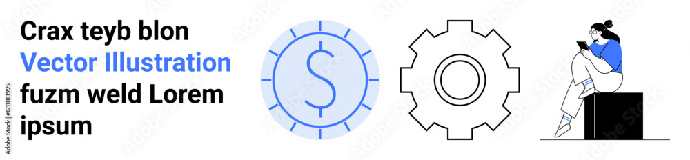 Woman reading book, circular dollar sign icon, gear icon, placeholder text. Ideal for financial growth, strategic planning, technology integration, education, e-learning innovation business