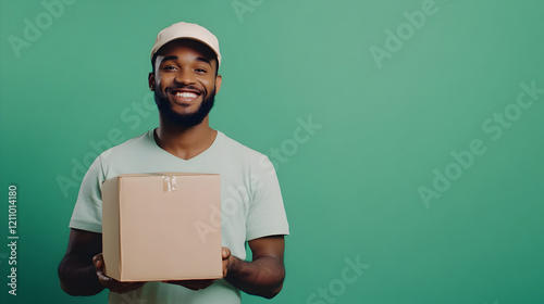 hombre joven repartidor de paquetes en negocio de paqueteria sosteniendo una caja de carton sobre un fondo verde con espacio de copia