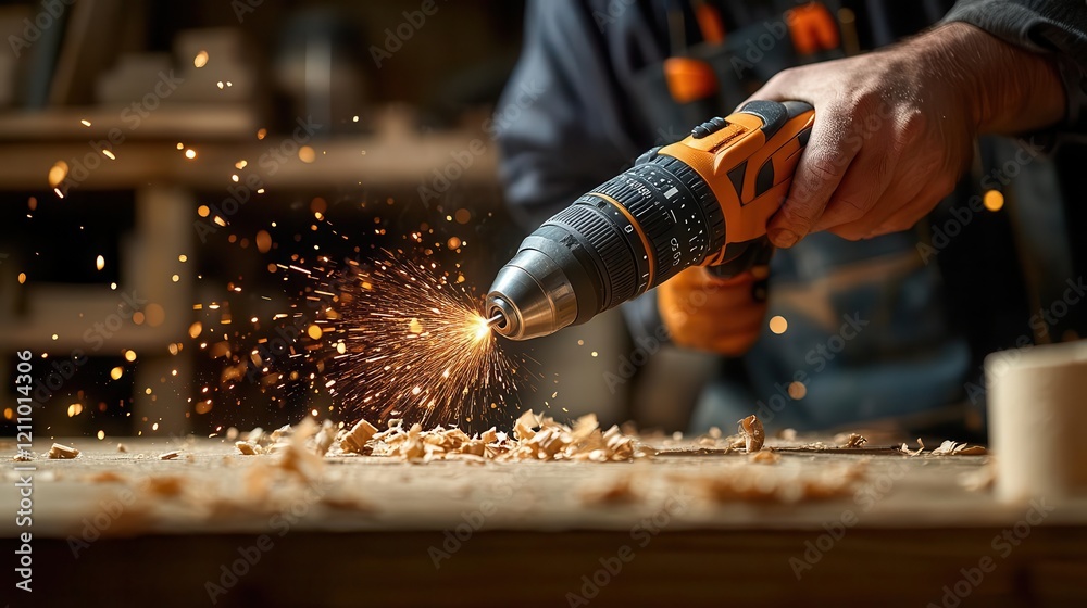 Cordless drill on workbench, close-up of drill in action, wood shavings flying in background Cordless drill on workbench, close-up of drill in action, wood shavings flying in background
