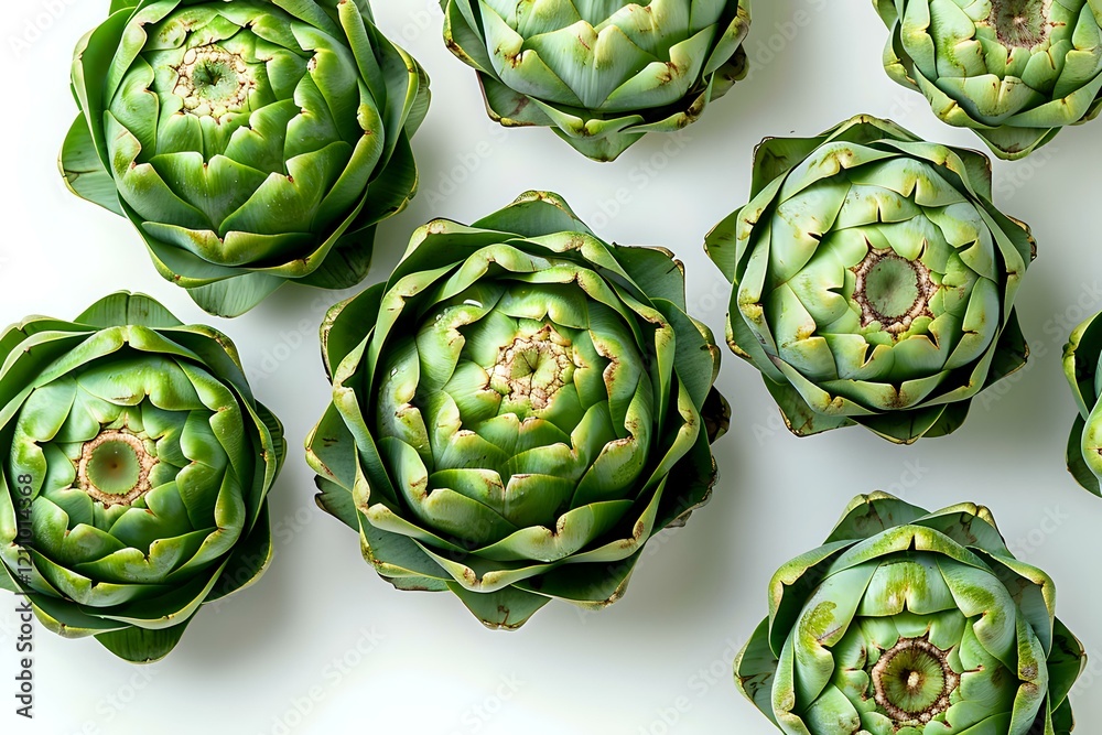 Obraz premium Fresh artichokes arranged in a pattern on white background, top view. Natural organic vegetables showing detailed layered leaves and geometric patterns perfect for food styling.