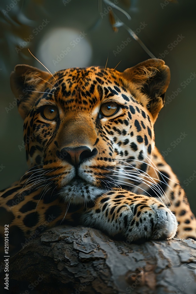 Obraz premium Majestic close-up portrait of a leopard with intense amber eyes resting on tree trunk in natural habitat. Beautiful spotted coat pattern captured in warm evening light perfect for wildlife photography