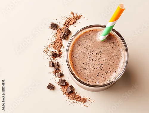 World milk day concenpt. Creamy chocolate smoothie in a glass with a colorful straw, surrounded by cocoa powder and chocolate pieces on a light background. photo