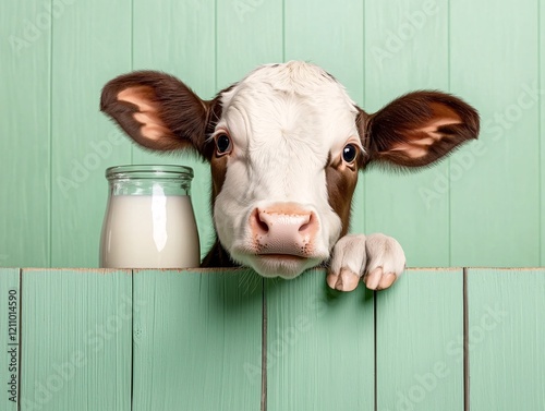 World milk day concenpt. A curious calf peeks over a wooden fence next to a jar of fresh milk against a mint-green background. photo