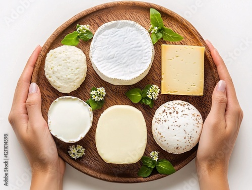 World milk day concenpt. A wooden platter holds various cheeses garnished with fresh herbs, presented by hands, showcasing a delightful cheese selection. photo