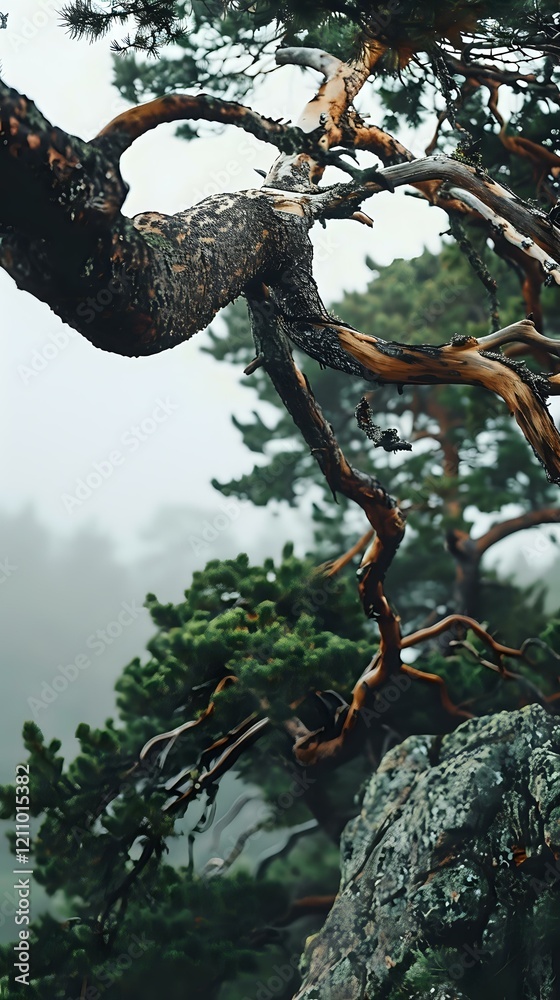 Twisted ancient pine tree growing on rocky cliff edge in misty mountain forest, dramatic nature composition perfect for book covers and atmospheric designs.