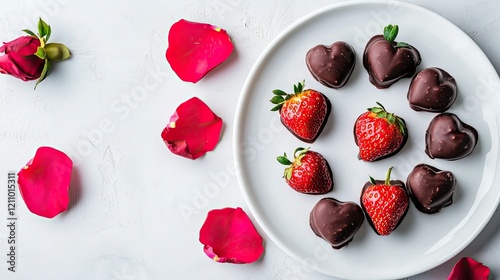 A unique Valentine chocolate idea featuring chocolate-covered strawberries arranged in the shape of a heart, placed on a clean white plate with rose petals