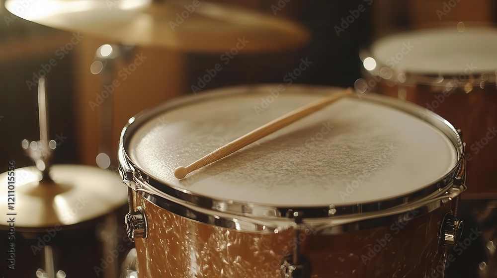 Drum kit in studio, close-up of drumsticks resting on a snare drum, soft studio lighting