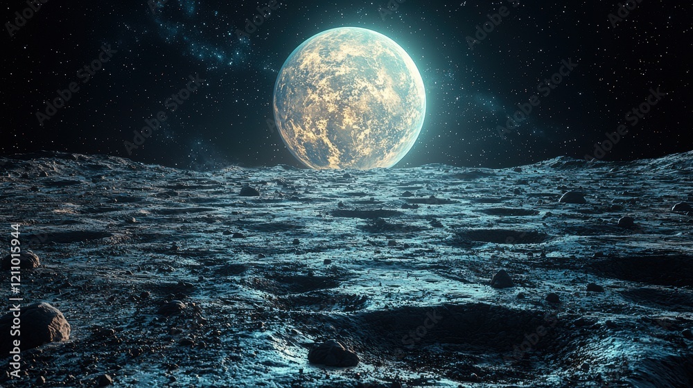 Experience the breathtaking view of a distant planet from a lunar surface under a starlit sky