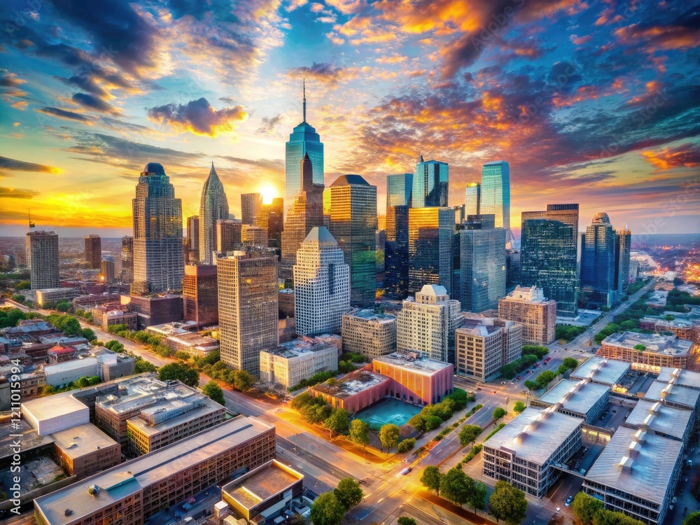 Obraz premium Double exposure magic: Philadelphia's skyline captured in breathtaking, realistic drone photography.