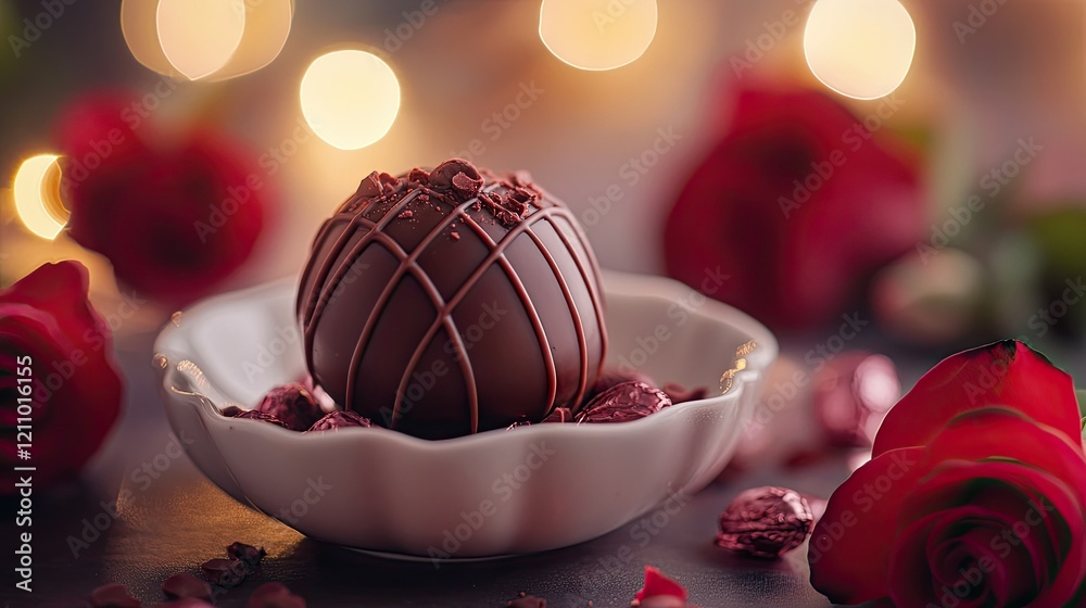 A Valentine chocolate truffle with a glossy ganache center, placed on a delicate ceramic dish, surrounded by roses and soft, warm lighting A Valentine chocolate truffle with a glossy ganache center, placed on a delicate ceramic dish, surrounded by roses and soft, warm lighting