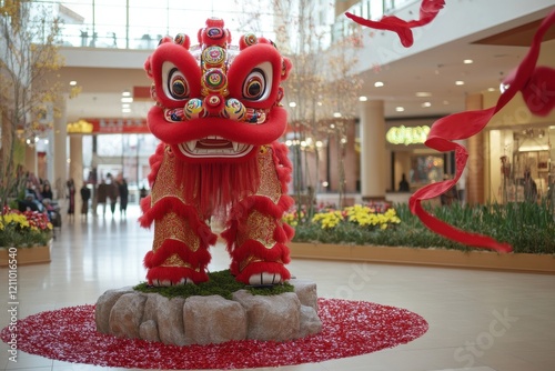 Brightly Decorated Lion Dance Costume Displayed in Shopping Mall, Symbolizing Prosperity and Good Fortune for Celebrations and Festivals in Asian Culture