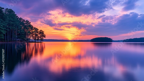 A serene sunset over a calm lake, reflecting vibrant color and surrounded by trees.