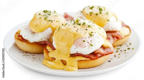 A plate of classic eggs Benedict with poached eggs, Canadian bacon, and hollandaise sauce on English muffins
