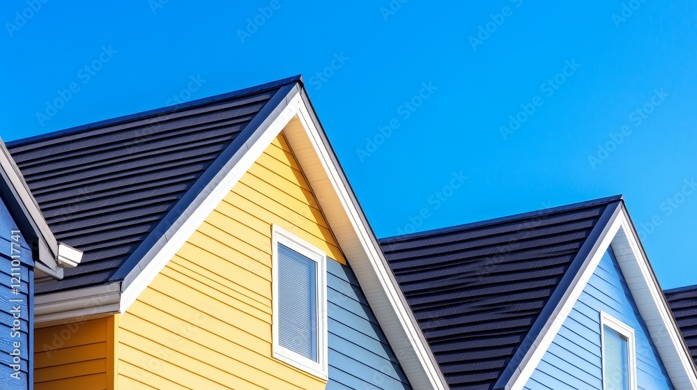 Colorful rooftops of houses under a clear blue sky. Colorful rooftops of houses under a clear blue sky.